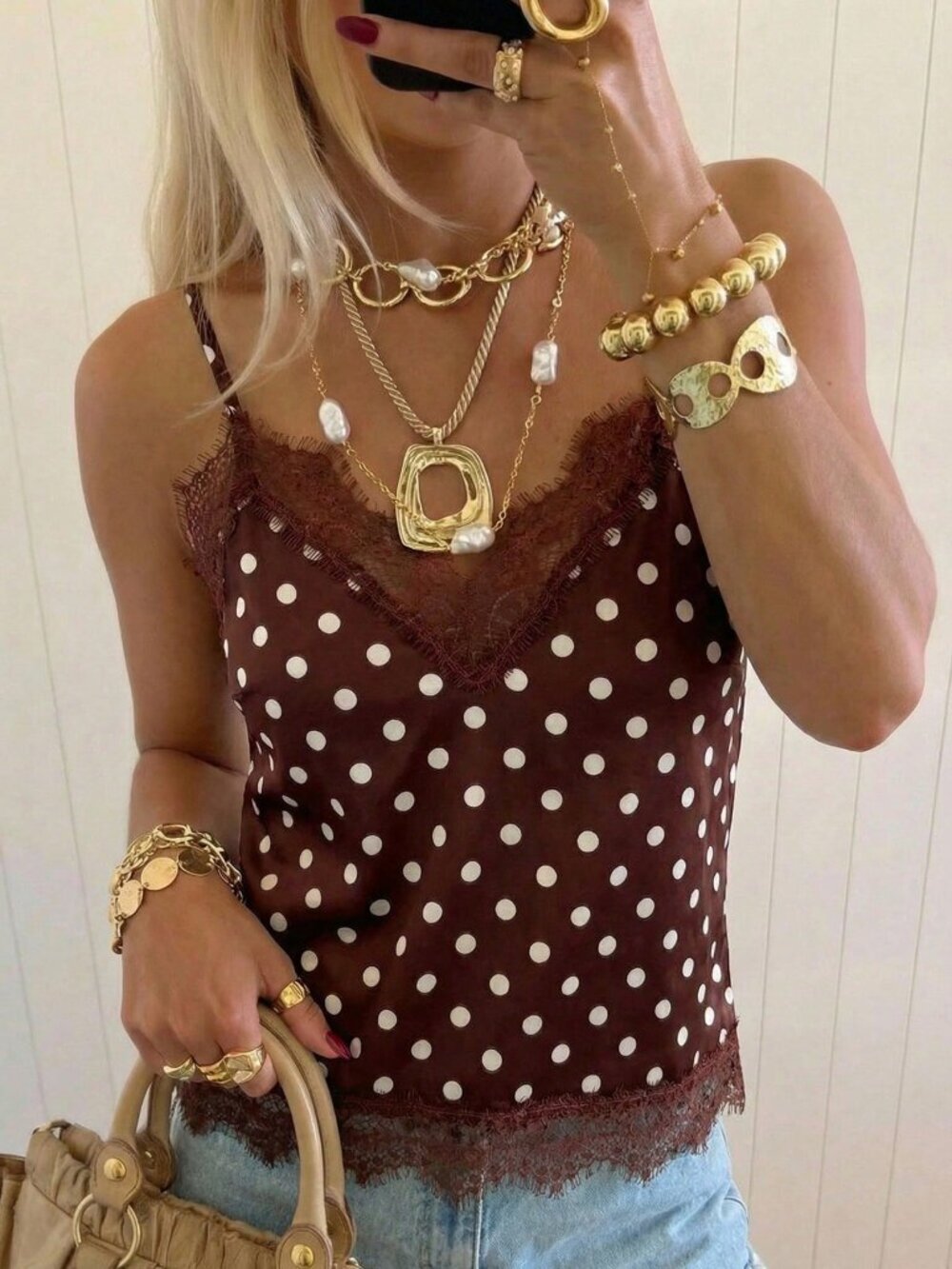 Coffee Brown Casual Women's Polka Dot & Lace Patchwork Camisole top